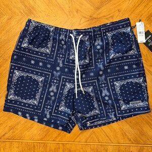Pacsun Eco Bandana Block 4.5" Swim Trunks Men's Size Medium Navy Drawstring